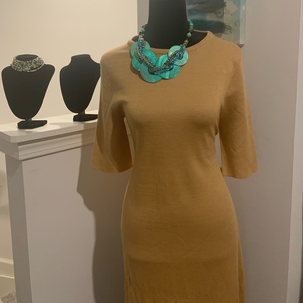 Tan Maxi Dress with Elbow Length Sleeves and Simple Silhouette